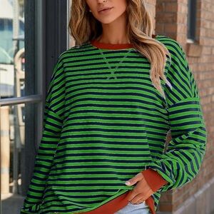 Women’s Oversized Color Block Striped Sweatshirt – Crewneck Long Sleeve Pullover